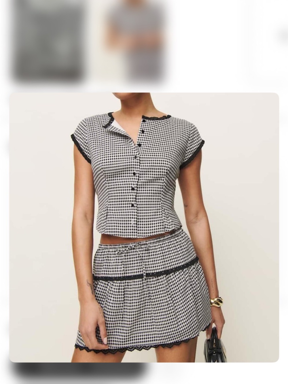 Reformation Black & White Gingham Button-Front Crop Top and Mini Skirt
